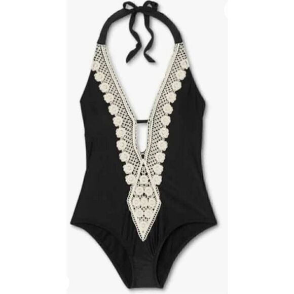 Kona Sol Women's LARGE Crochet Trim Plunge One Piece Swimsuit - Picture 3 of 10